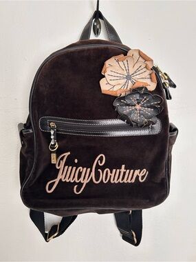 Vintage Y2K Juicy Couture Brown Velour Backpack Embroidered Logo Leather Rare